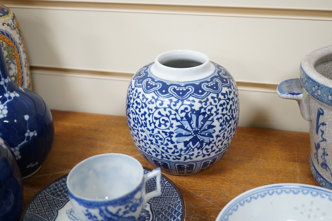 Mixed Chinese blue and white china, including two jars and covers, teapot, two hard stone carvings a celedon vase etc tallest 26cm high
